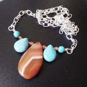 JEWELRY SET!!! Handmade Agate + Aqua Howlite! Necklace + Dangle Earrings Set!
